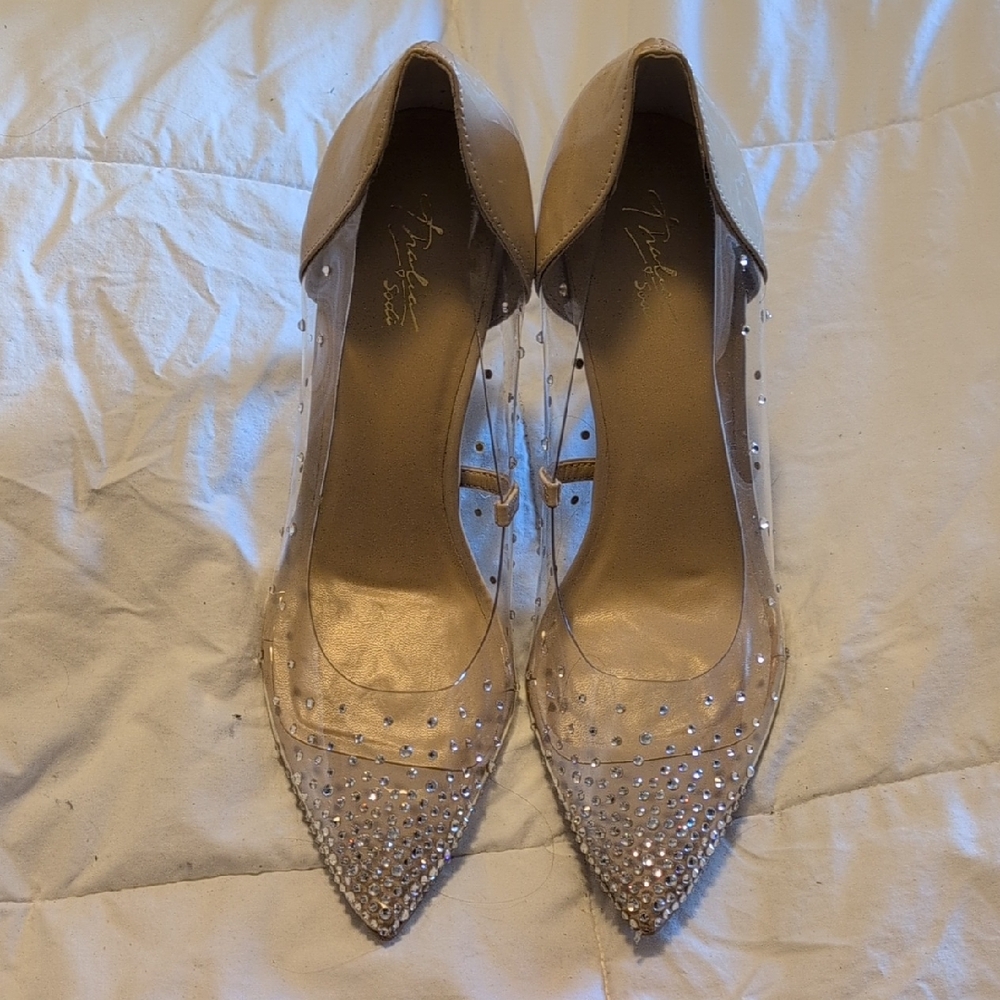 Thalia Sodi Tan Heels with Rhinestone Accents